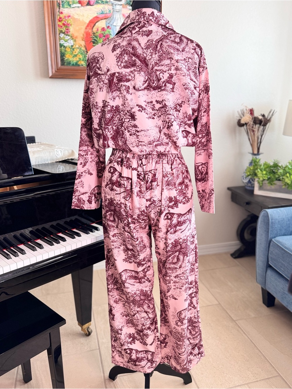 Women's Pink Toile Wide-Leg Jumpsuit - Picture 7 of 13